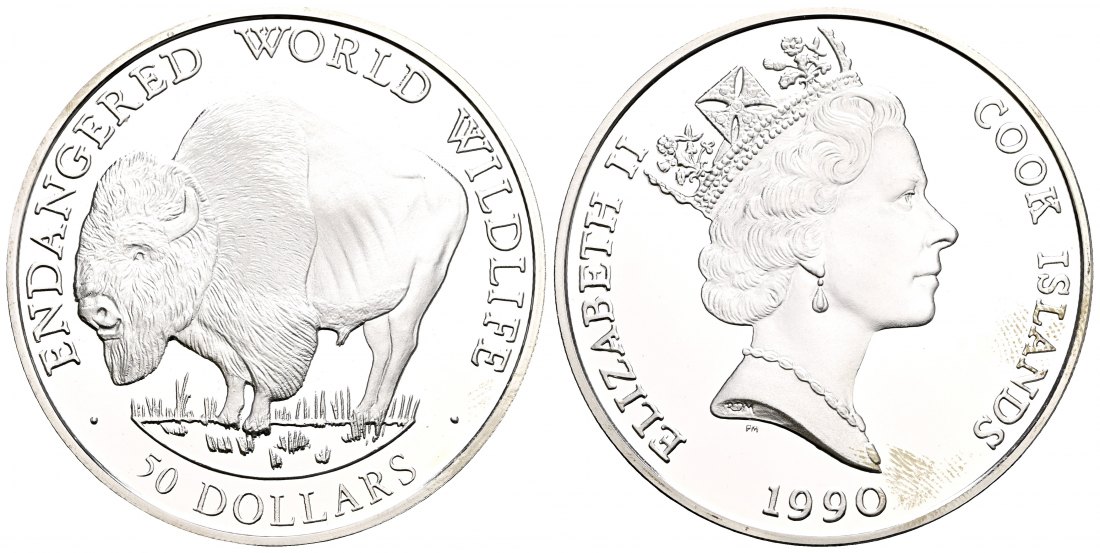 PEUS 1617 Cook Island 17,95 g Feinsilber. Bedrohte Tierwelt - Bison 50 Dollars SILBER 1990 Proof (Kapsel)
