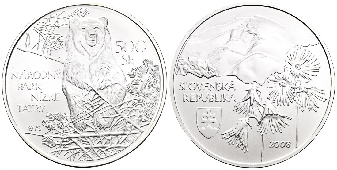 PEUS 1621 Slovakei 31,1 g Feinsilber. Niedere Tatra - Bär 500 Korun SILBER  Unze 2008 Stempelglanz (Kapsel)