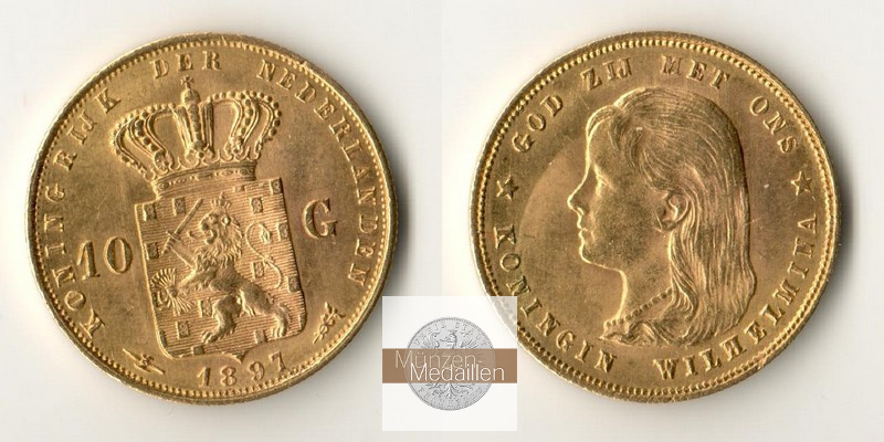 Niederlande, Wilhelmina (1890-1948) MM-Frankfurt Feingold: 6,06g 10 Gulden 1897 langes Haar