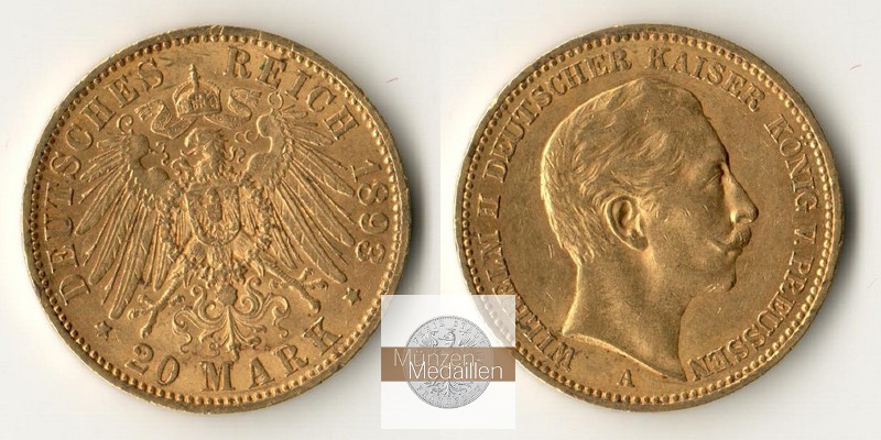 Deutsches Kaiserreich.Preussen. MM-Frankfurt Feingold: 7,168g Willhelm II 20 Mark 1898 A 