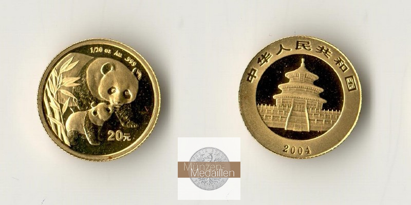 China, Volksrepublik. MM-Frankfurt Feingewicht 1,55g Gold 20 Yuan (Panda) 2004 
