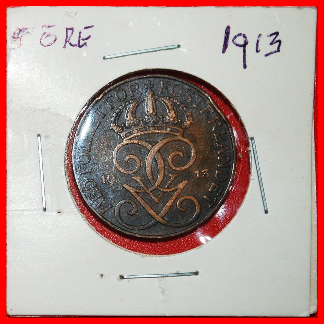 * 3 CROWNS: SWEDEN ★ 5 ORE 1913! GUSTAV V (1907-1950) IN HOLDER! ★LOW START ★ NO RESERVE!