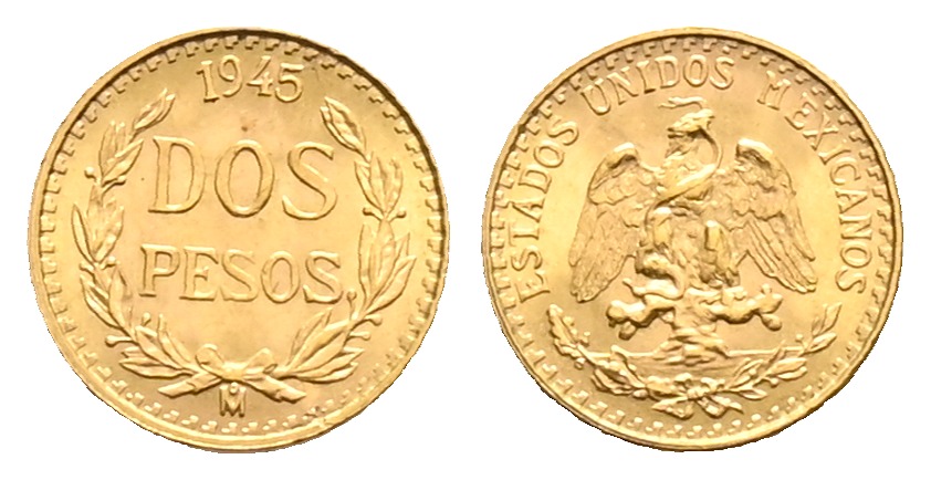 PEUS 1634 Mexiko 1,5 g Feingold 2 Pesos GOLD 1945 M Stempelglanz