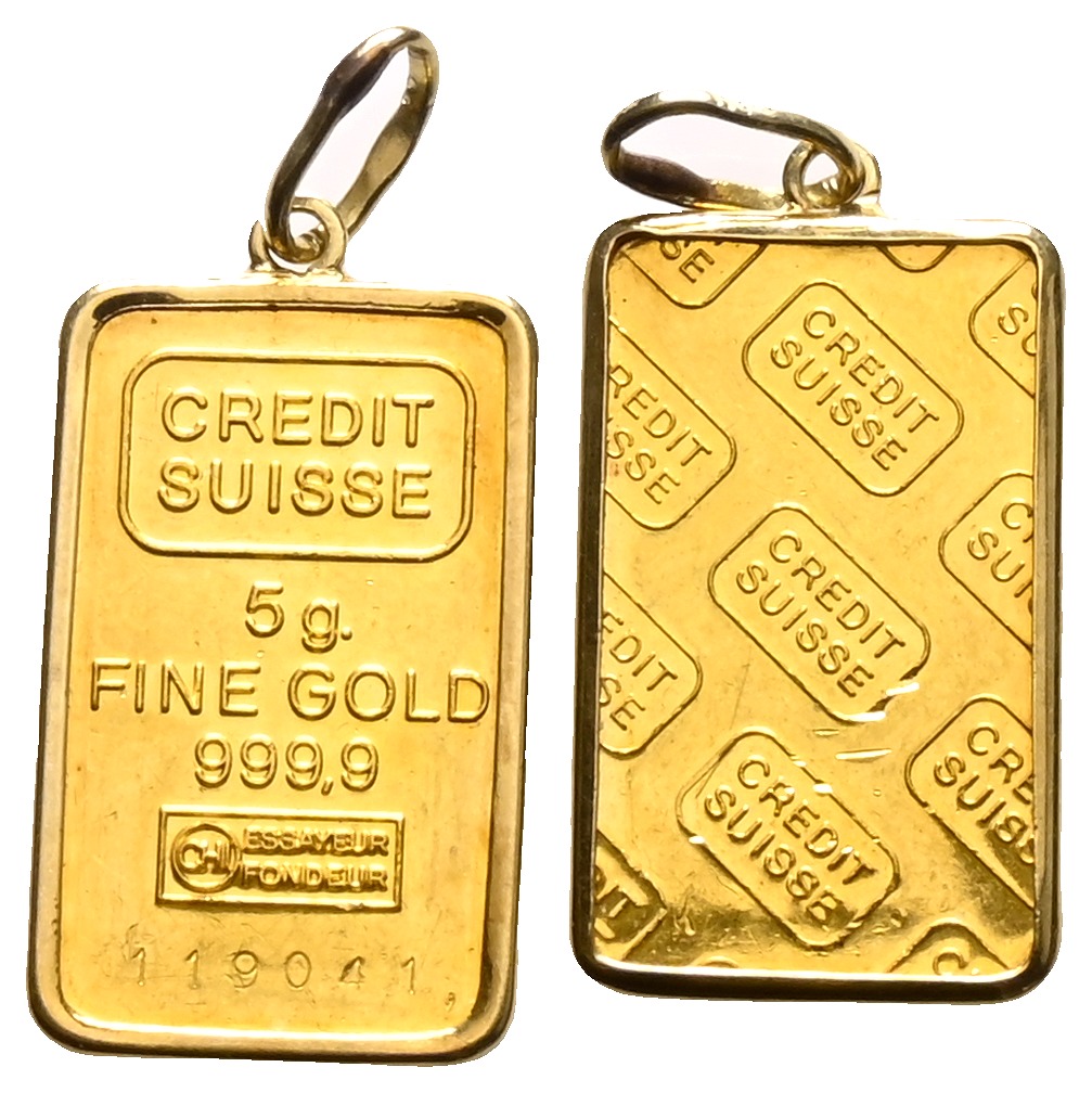 PEUS 1636 Schweiz 5 g Feingold / Fassung 585er. Credit Suisse Barren GOLD 5 g o.J. Gefasst, Vorzüglich