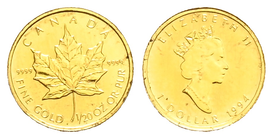 PEUS 1639 Kanada 1,56 g Feingold. Maple Leaf Dollar GOLD 1/20 Unze 1994 Kl. Kratzer, Vorzüglich