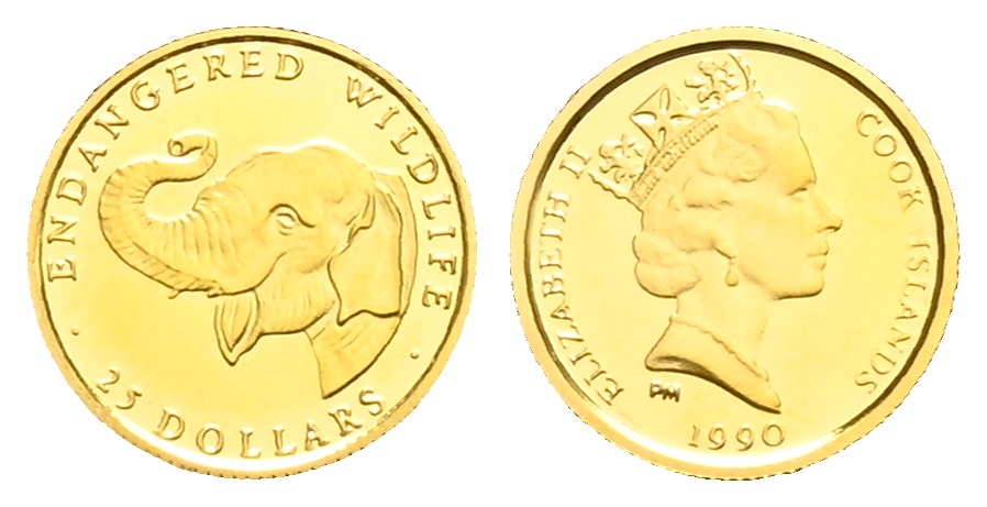 PEUS 1640 Cook Inseln 1,24 g Feingold. Gef. Tierwelt - Indischer Elefant 25 Dollar GOLD 1990 Proof