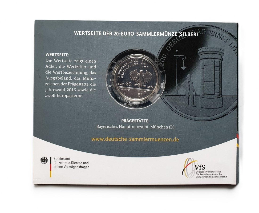  Deutschland 20 Euro 2016 D Sammlermünze 200. Geburtstag Ernst Litfaß 925 Silber Spiegelglanz   