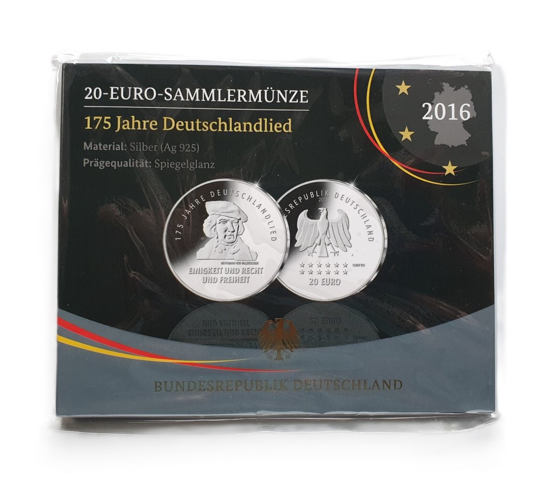  Deutschland 20 Euro 2016 J Sammlermünze 175 Jahre Deutschlandlied 925 Silber Spiegelglanz   