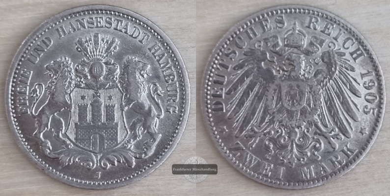  Hamburg, Kaiserreich  2 Mark  1905 J   FM-Frankfurt Feingewicht: 10g Silber   