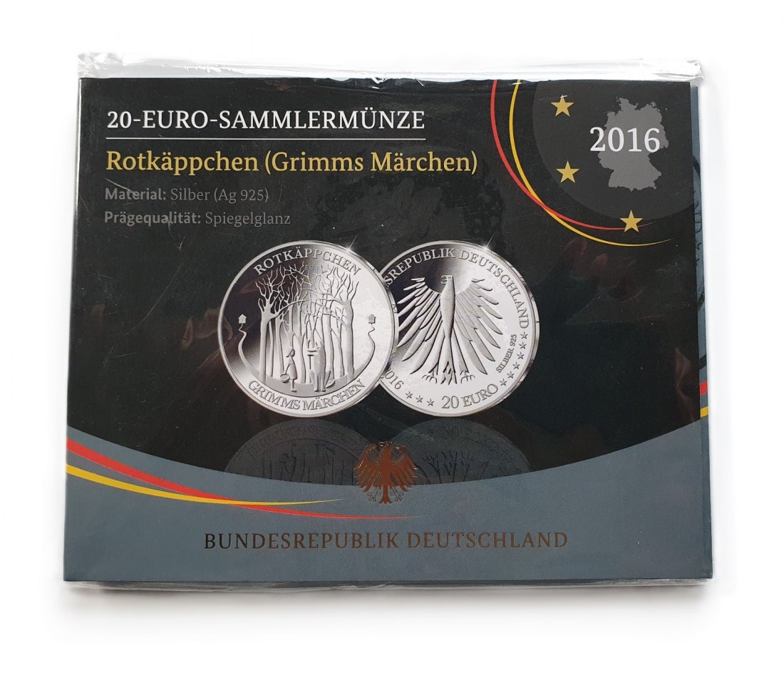  Deutschland 20 Euro 2016 A Sammlermünze Rotkäppchen Grimms Märchen 925 Silber Spiegelglanz   