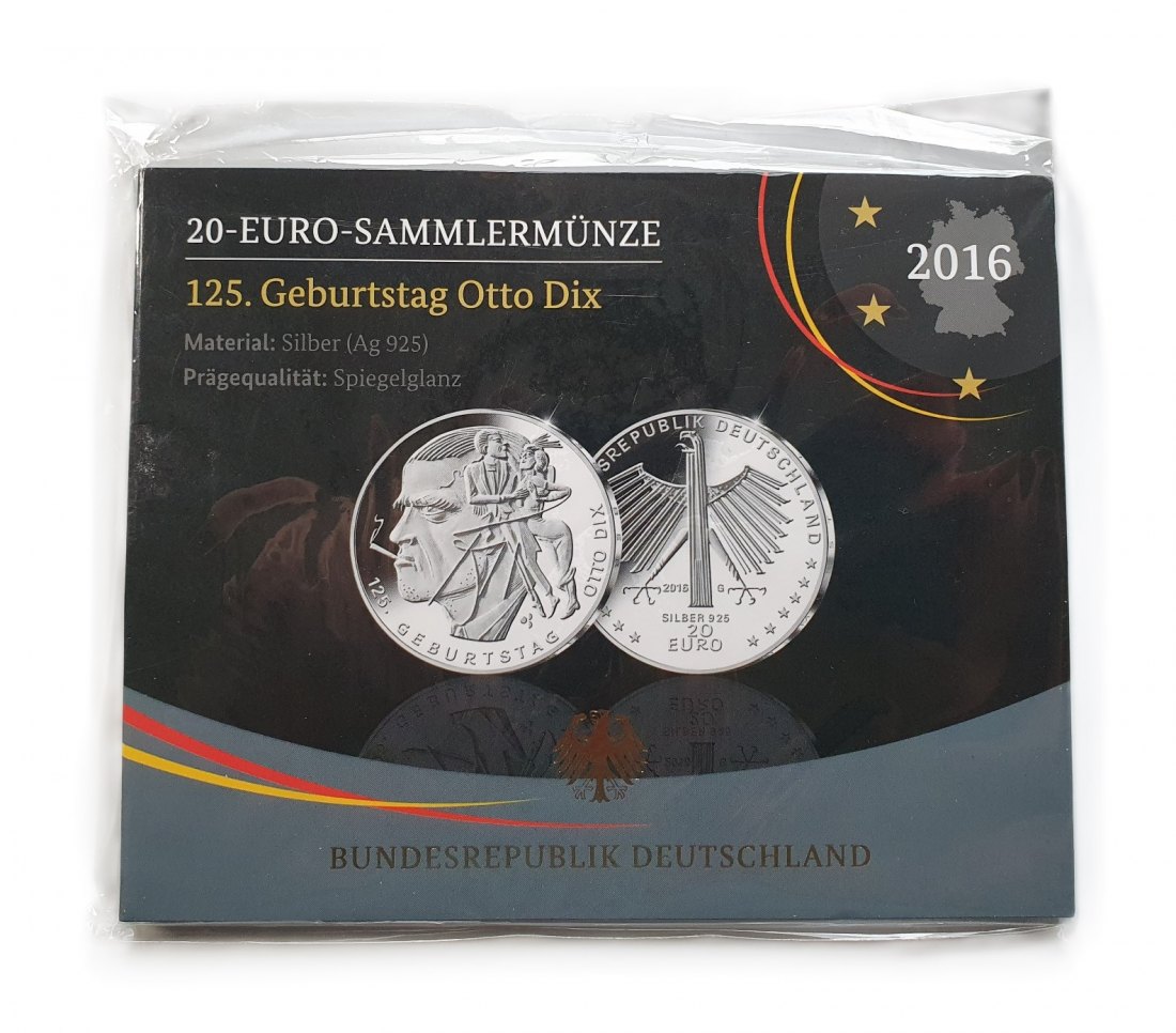  Deutschland 20 Euro 2016 G Sammlermünze 125. Geburtstag Otto Dix 925 Silber Spiegelglanz   