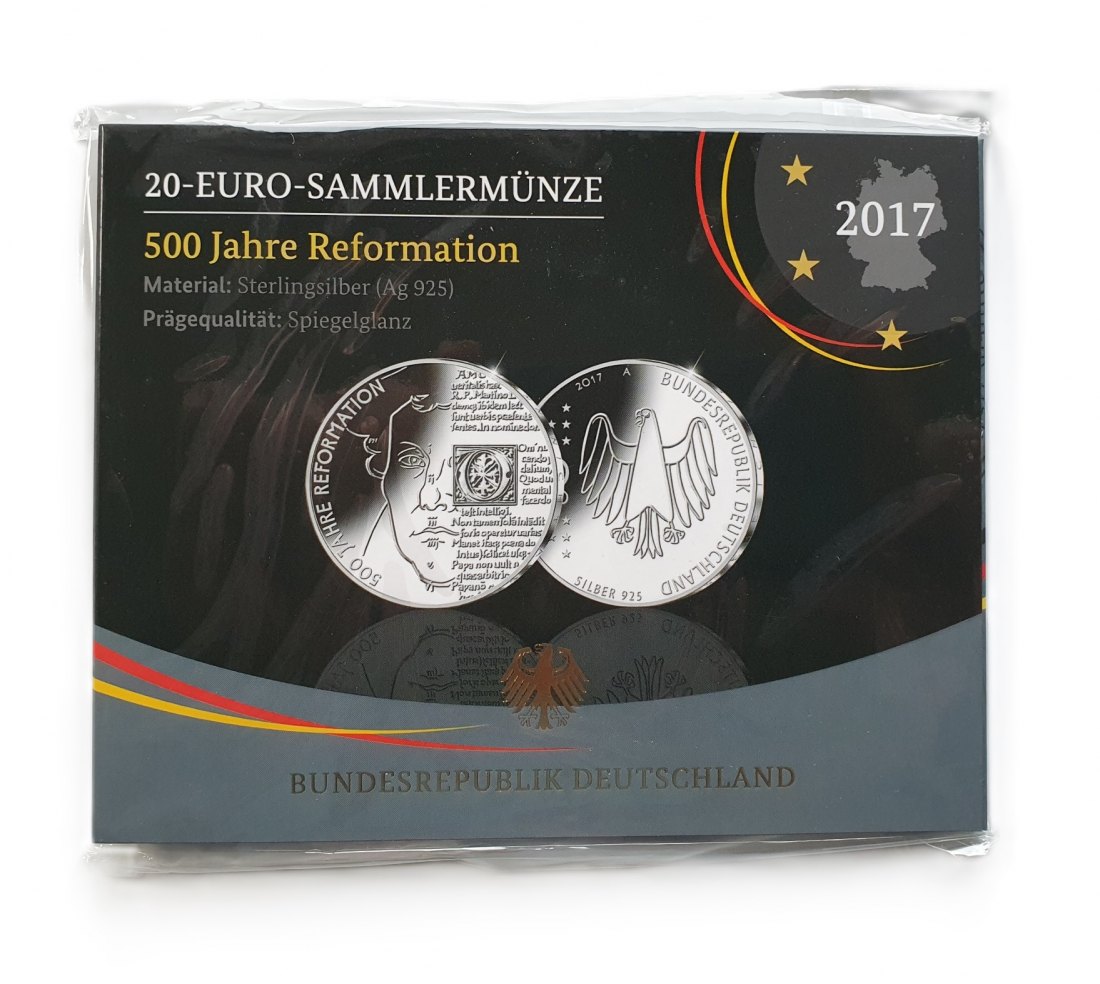  Deutschland 20 Euro 2017 A Sammlermünze 500 Jahre Reformation 925 Silber Spiegelglanz   