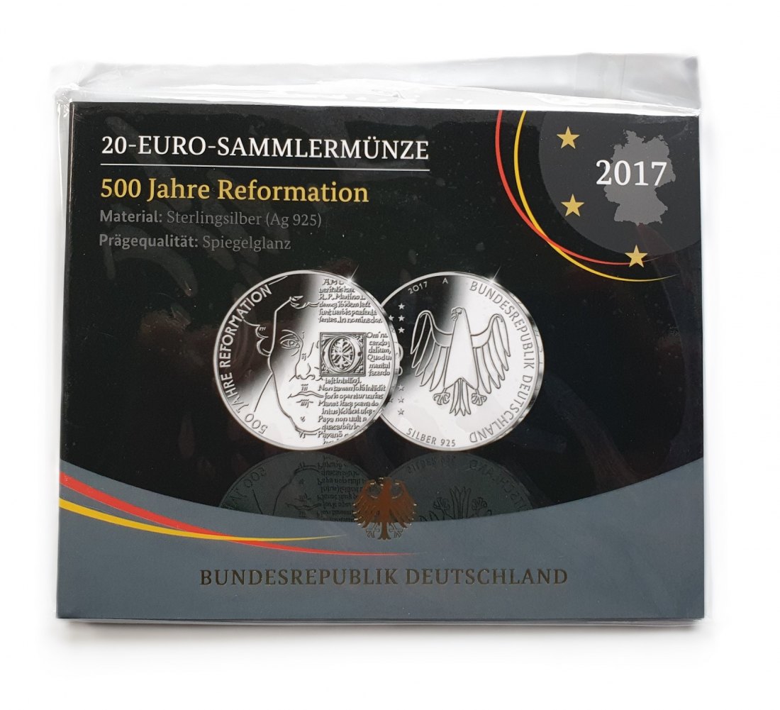  Deutschland 20 Euro 2017 A Sammlermünze 500 Jahre Reformation 925 Silber Spiegelglanz   