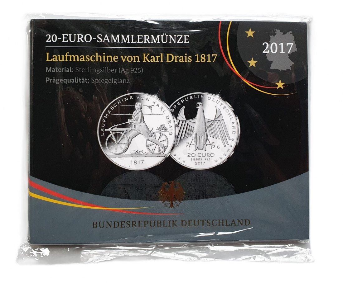  Deutschland 20 Euro 2017 G Sammlermünze Laufmaschine Karl Drais 925 Silber Spiegelglanz   