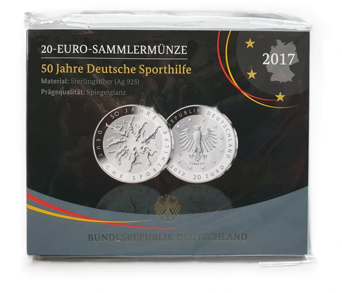  Deutschland 20 Euro 2017 D Sammlermünze 50 Jahre Deutsche Sporthilfe 925 Silber Spiegelglanz   