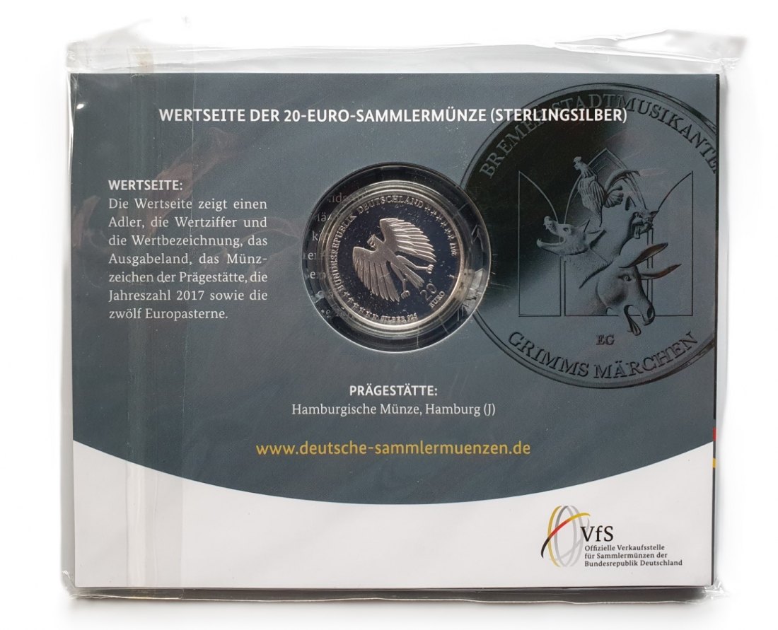  Deutschland 20 Euro 2017 J Sammlermünze Bremer Stadtmusikanten 925 Silber Spiegelglanz   