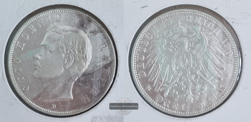  Deutsches Kaiserreich. Bayern, Otto.  3 Mark  1909 D   FM-Frankfurt   Feinsilber: 15g   