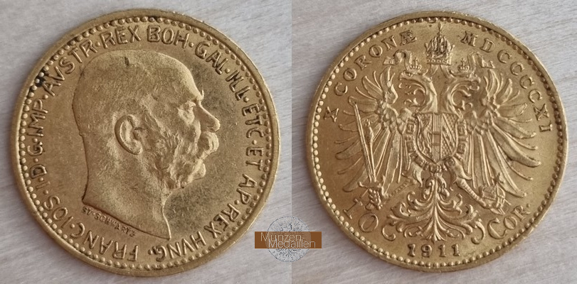 Österreich MM-Frankfurt Feingold: 3,05g 10 Kronen 1911 