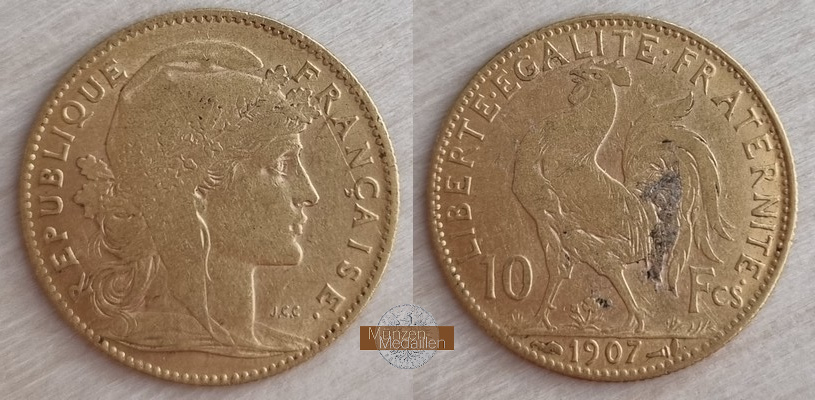 Frankreich  10 Francs MM-Frankfurt Feingold: 2,9g Marianne 1907 