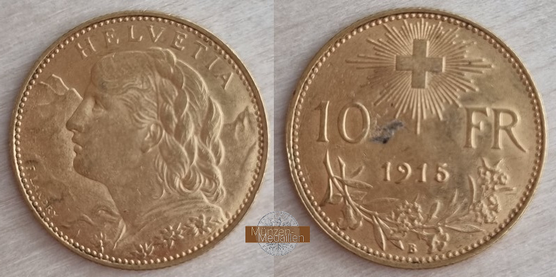 Schweiz  10 sFR MM-Frankfurt Feingold: 2,90g 1/2 Vreneli 1915 B 
