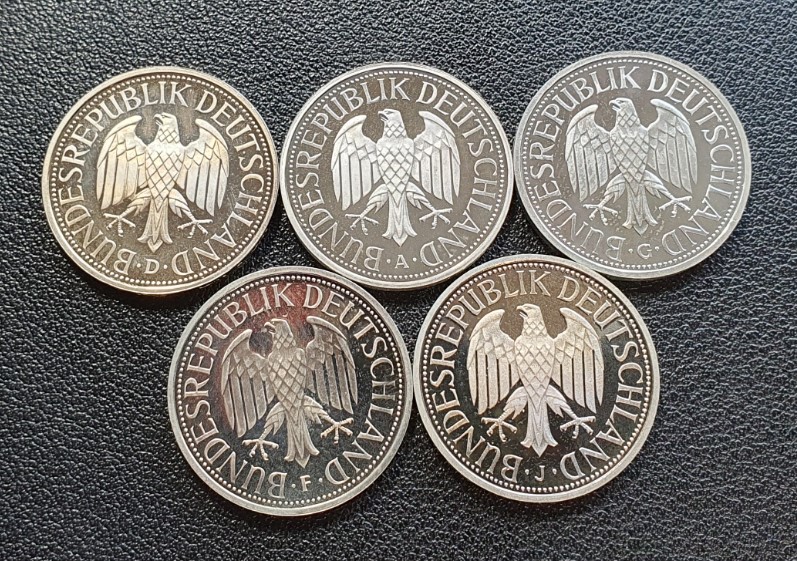  BRD Satz 1 DM Deutsche Mark 1998 ADFGJ 5 Münzen in Polierter Platte   