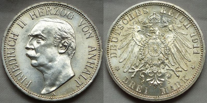  Anhalt 3 Mark 1911 Friedrich II. in f. ST !!! Selten in dieser guten Erhaltung !!!   