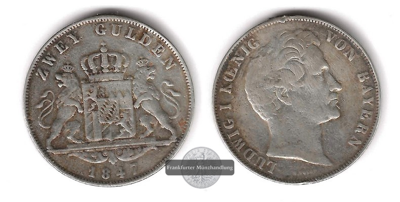  Bayern, Ludwig I.  2 Gulden 1847  FM-Frankfurt   Feingewicht: 19,09g   