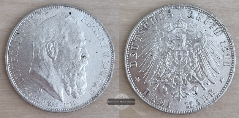  Deutsches Kaiserreich, Bayern  3 Mark  1911 D  Prinzregent Luitpold   FM-Frankfurt   Feinsilber: 15g   