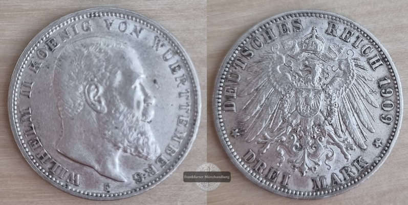  Deutsches Kaiserreich, Württemberg.  3 Mark 1909 F  FM-Frankfurt Feinsilber: 15g   