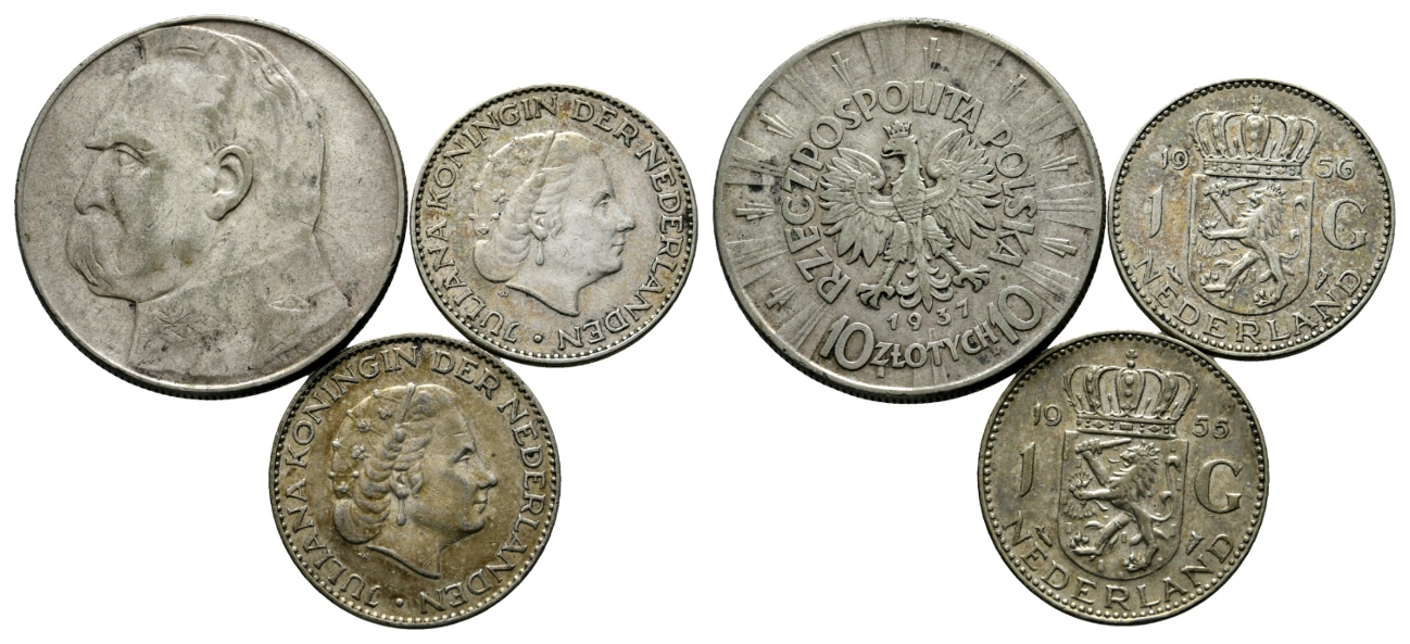  Polen; 10 Zloty 1937; Niederlande; 2x 1 Gulden 1955/1956   