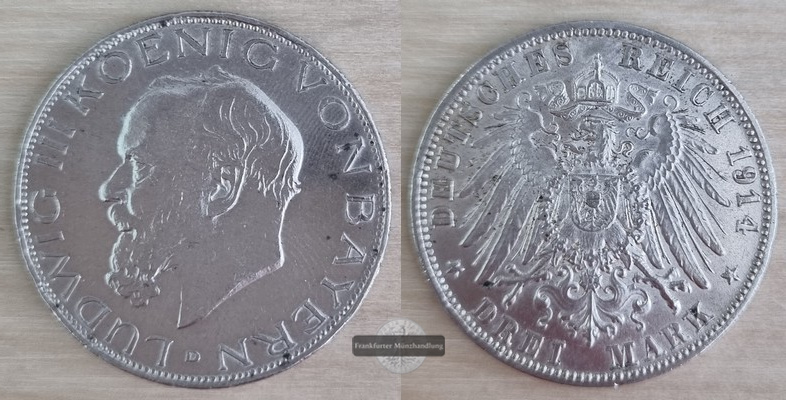  Deutsches Kaiserreich. Bayern, Ludwig III.  3 Mark 1914 D  FM-Frankfurt  Feinsilber: 15g   