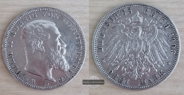  Deutsches Kaiserreich, Württemberg.  3 Mark 1908 F  FM-Frankfurt Feinsilber: 15g   