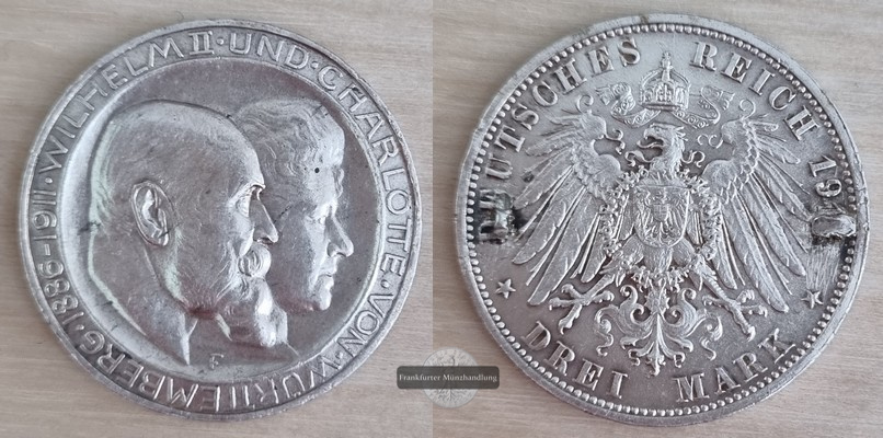  Dt. Kaiserreich. Württemberg, Wilhelm II. 3 Mark 1911 F Silb. Hochzeit FM-Frankfurt  Feinsilber: 15g   