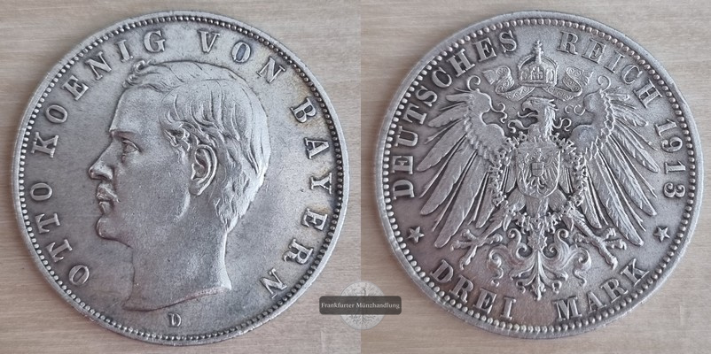  Deutsches Kaiserreich. Bayern, Otto.  3 Mark  1913 D   FM-Frankfurt   Feinsilber: 15g   