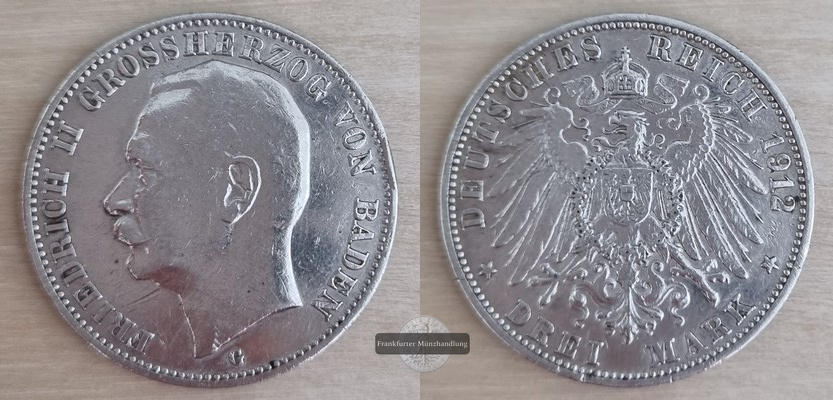  Kaiserreich, Baden  3 Mark  1912 G  Friedrich II. 1907-1918  FM-Frankfurt Feinsilber: 15g   