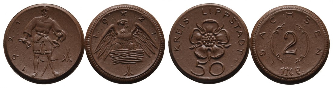  Weimarer Republik; Porzellangeld; 2 Mark 1921; Sachsen; 50 Pfennig 1921; Kreis Lippstadt   