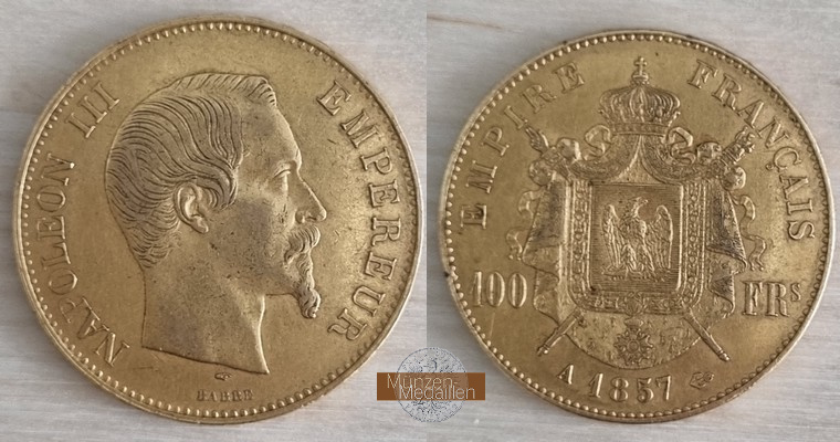 Frankreich 100 Francs  1857 A MM-Frankfurt Feingold: 29,03g Napoleon III.  