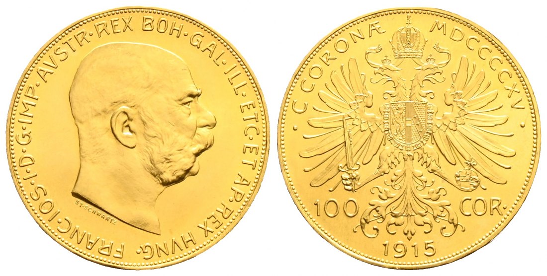 PEUS 1645 Österreich 30,49 g Feingold. Franz Joseph (1848-1916) 100 Kronen (off.NP) GOLD 1915 Stempelglanz