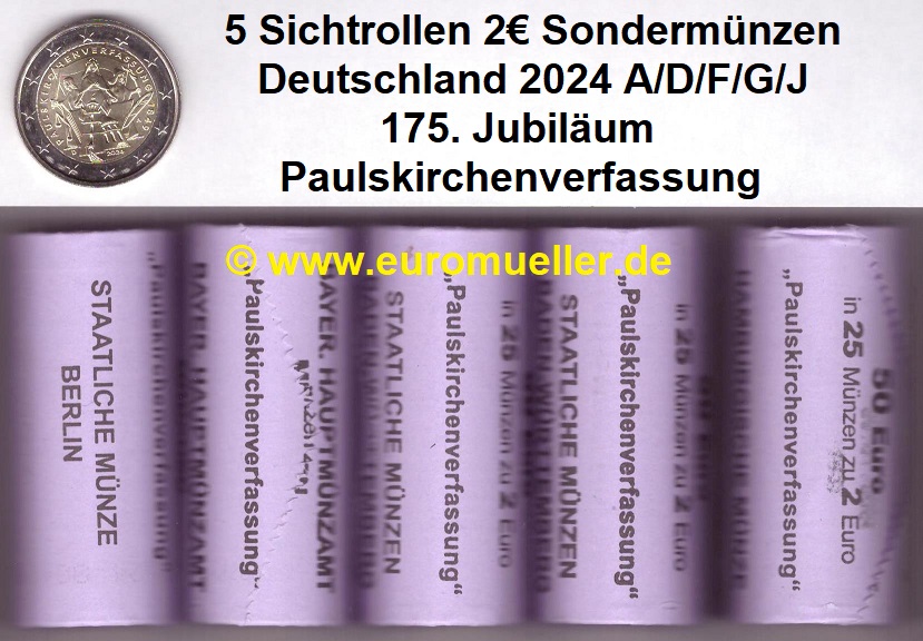 Deutschland 5 Rollen 2 Euro Gedenkmünze 2024...Paulskirchenverfassung...A-J   