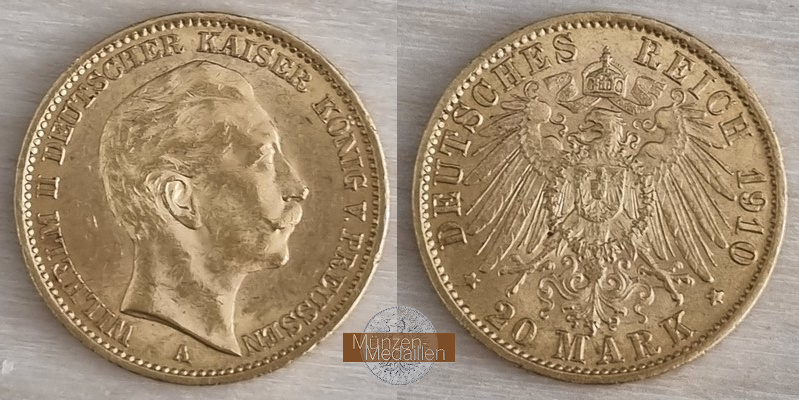 Dt. Kaiserreich. Preussen Wilhelm II. MM-Frankfurt Feingold: 7,17g 20 Mark 1910 A 
