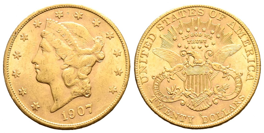 PEUS 1649 USA 30,1 g Feingold. Coronet Head 20 Dollars GOLD 1907 S Kl. Kratzer, Sehr schön / Vorzüglich