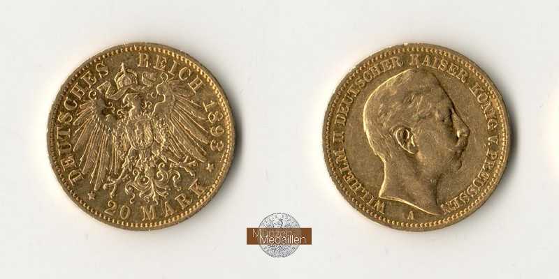 Deutsches Kaiserreich, Preussen. Wilhelm II. (1888-1918) 20 Mark 1893 A MM-Frankfurt  Feingold: 7,17g