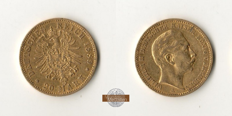 Deutsches Kaiserreich Wilhelm II MM-Frankfurt Feingold: 7,17g 20 Mark 1889 A 