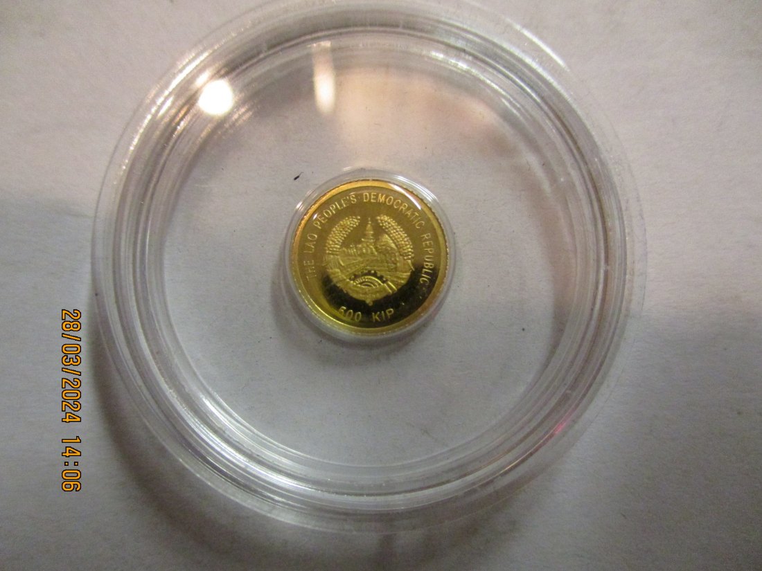  500 Kip Laos 2007 Goldmünze 99999er Gold 0,5 Gramm / M4   