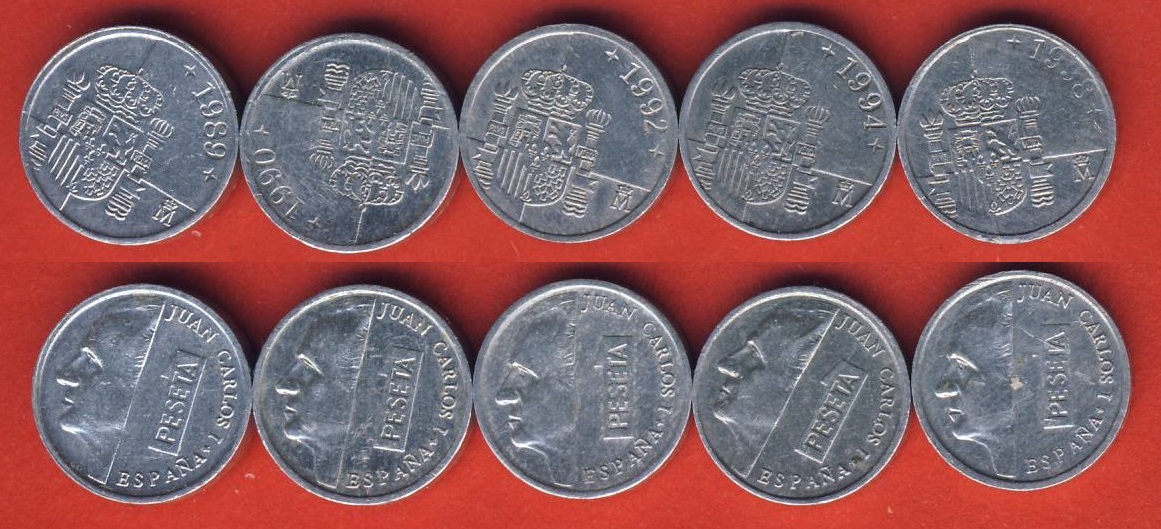  Spanien 5x 1 Peseta 1989,90,92,94 + 1998 Lot 2   