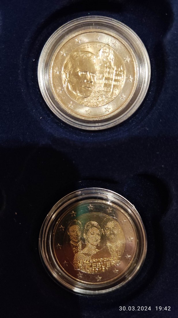  Luxemburg 2 x 2 Euro Gedenkmünzen 2008 Schloß Berg + 2012 Prinzenhochzeit als Rasterbild   