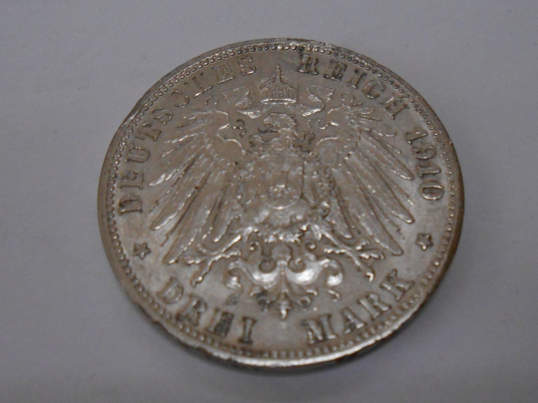 Württemberg König Wilhelm II. 3 Mark 1910 F, Jäger 175   
