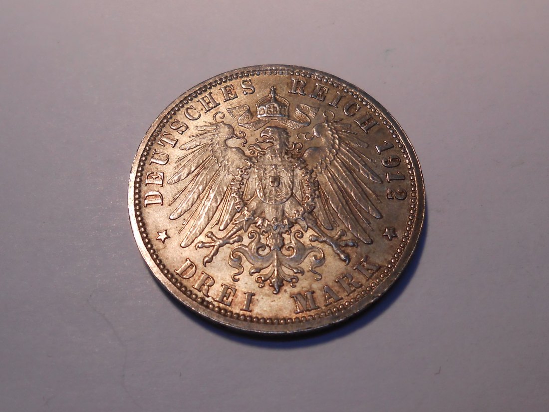  Württemberg König Wilhelm II. 3 Mark 1912 F, Jäger 175   