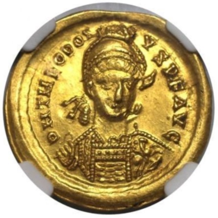  Römisches Reich 1 Gold Solidus 402-450 n.Ch. | NGC Ch AU Strike: 4/5 Surface: 5/5 | Theodosius II.   