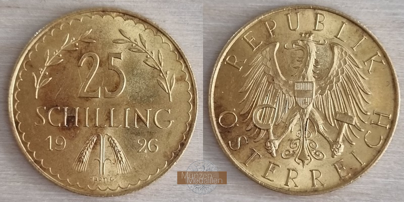 ÖSTERREICH, Erste Republik (1919-1934) MM-Frankfurt Feingold: 5,29g 25 Schilling 1926 